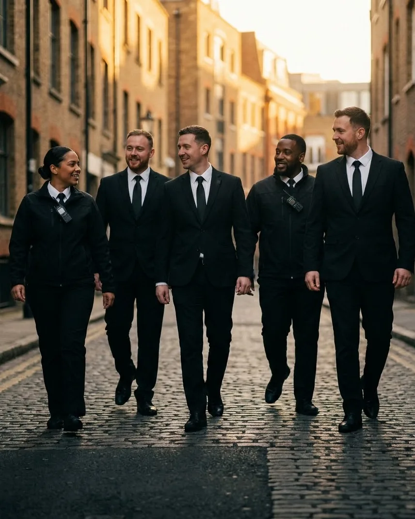 A team of security officers in black uniforms walking along a London street