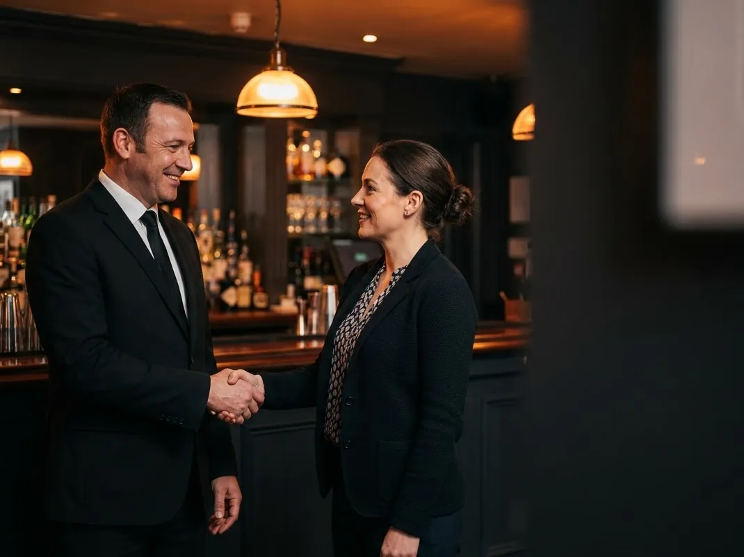 A security supervisor shaking hands with a venue manager in a bar before opening