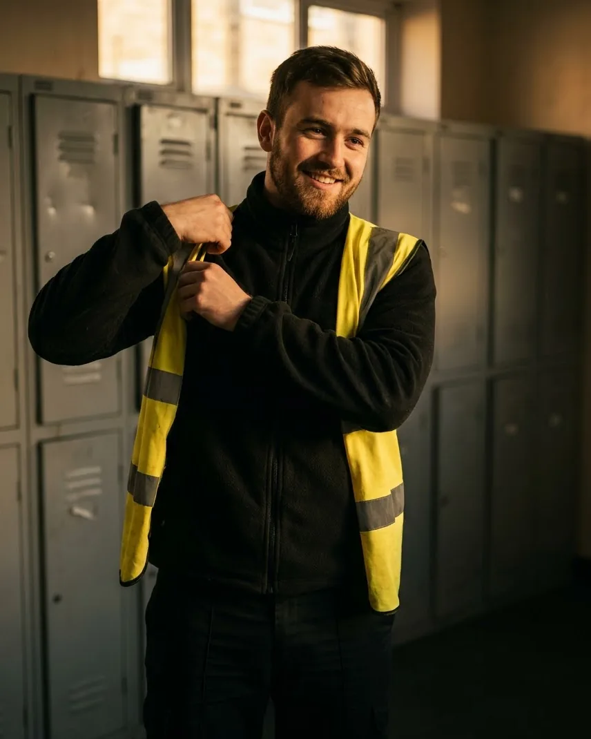 A security officer smiling as he puts on a hi-vis vest before a shift