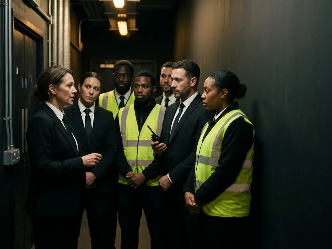 A security supervisor briefing a team of officers in a venue corridor before doors open
